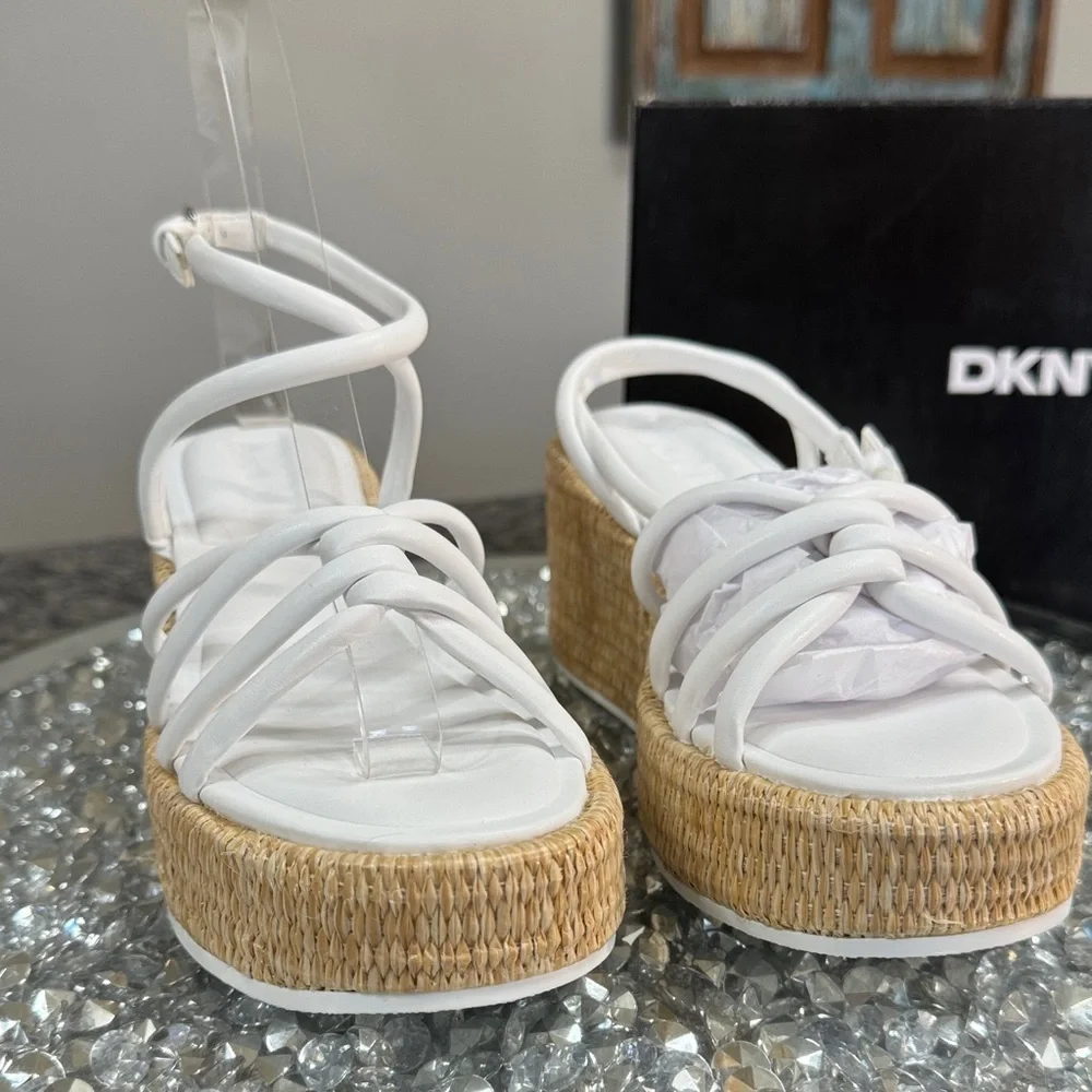 DKNY White Strappy Wedge Sandals with Woven espadrille Platform NEW 6.5